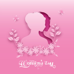 Paper Cut Female Face with Flowers, Leaves and Butterflies on Pink Background for Happy Women's Day.