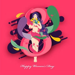 Happy Women's Day Poster Design with 8 Number, Leaves and Beautiful Young Girl holding Flowers on Pink Background.