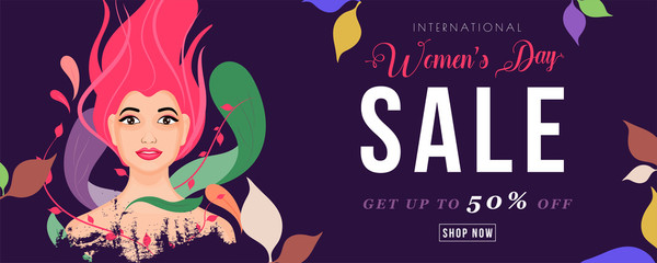 Women's Day Sale Header or Banner Design with 50% Discount Offer and Young Girl Face on Purple Background Decorated with Leaves.