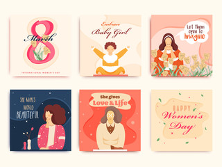 Greeting Card or Poster Design Set with Female Character for 8 March, Happy Women's Day Concept.