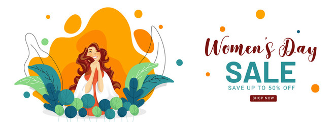 Women's Day Sale Header or Banner Design with 50% Discount Offer and Cheerful Young Girl on Nature Abstract Background.