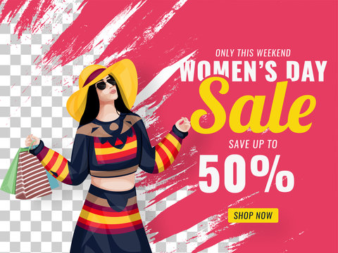 Women's Day Sale Poster Design With 50% Discount Offer And Modern Young Girl Holding Shopping Bag On Pink Brush Stroke And Png Background.