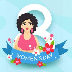 Happy Women's Day Concept with 8 Number, Flowers and Young Girl Character on Blue Background.