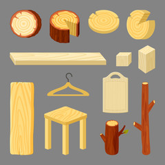 wooden accessories vector cartoon illustrations isolated on dark