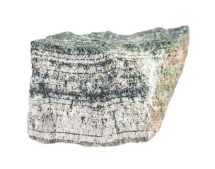 closeup of sample of natural mineral from geological collection - piece of raw Skarn rock isolated on white background