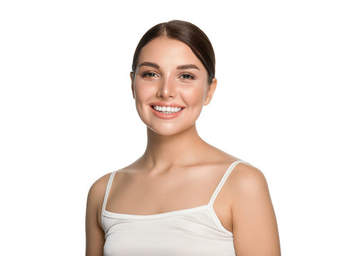 Beautiful teeth smile woman healthy teets natural make up happy female beauty concept