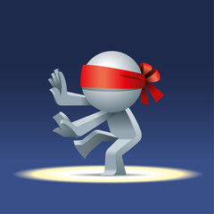 Cute little Simplified man walking slow in the dark with eye covered with red ribbon