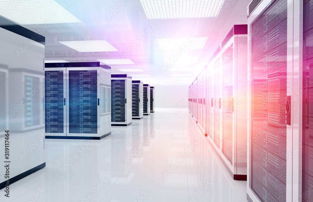 Leinwandbilder servers data center room with bright speed light through the corridor 3d rendering