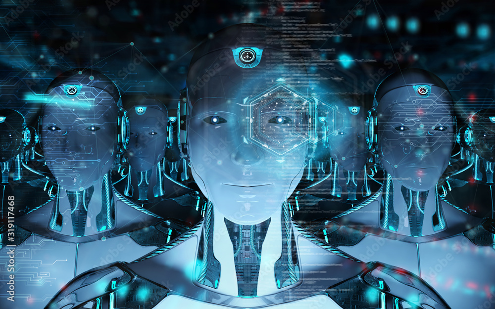 Poster group of male robots heads using digital hologram screens 3d rendering
