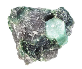 Beryl crystal in unpolished rock isolated on white