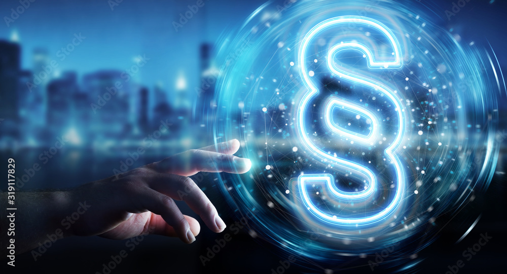 Poster man hand using law paragraph digital neon hologram 3d rendering