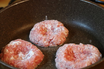 meat cutlets in a frying pan during cooking