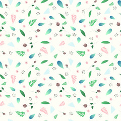 Seamless pattern of leaves, flowers, branches berries witn outline elements. Spring floral print. For wrapping paper, wallpaper, fabric pattern, backdrop,  gift wrap. Suit for linen design
