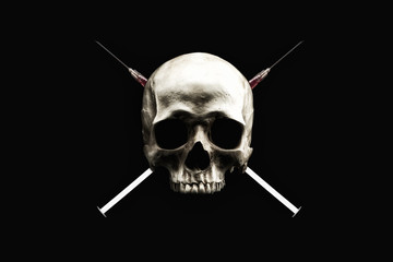 Skull and syringes cross bones isolated on black background. 