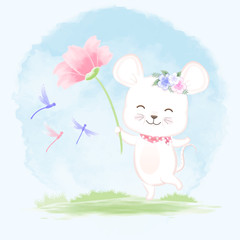 Cute baby mouse holding flower with dragonfly hand drawn cartoon watercolor illustration