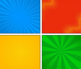 Set of comic background. Comic book page template of different frames divided by lines with rays, radial, halftone, and dotted effects. Vector illustration in pop art style