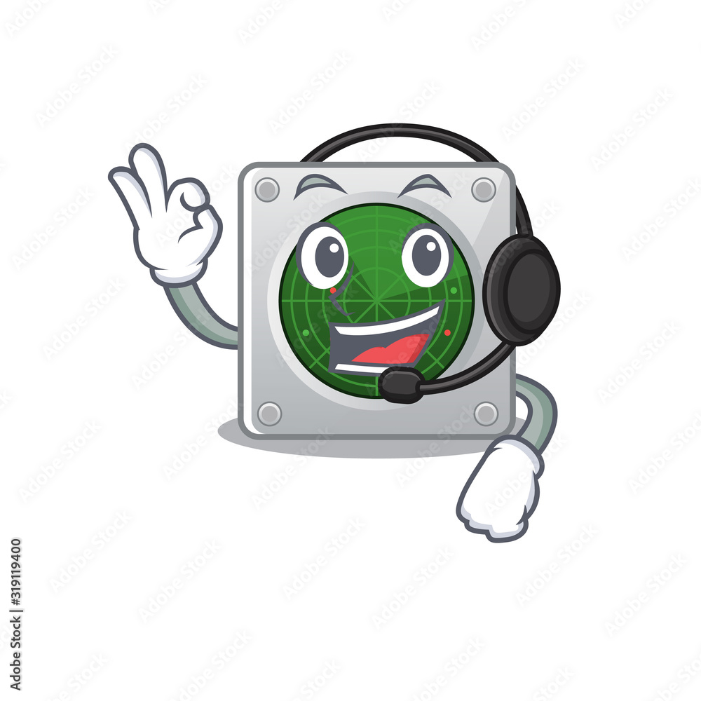 Poster Smiley radar cartoon character design wearing headphone