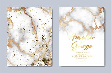 Wedding Invitations save the date card design with elegant white marble with gold.Beautiful abstract golden template on light backdrop.