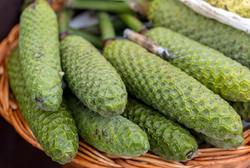 Ananas-banana fruit (Monstera deliciosa) at Mercado Dos Lavradores. Funchal, Madeira, Portugal