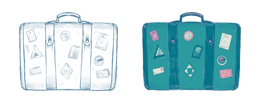 Retro suitcase with labels hand drawn illustrations