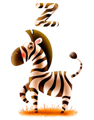 Beautiful hand-drawn zebra with a letter on a white background