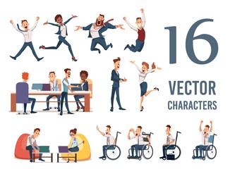 Happy Businesspeople, Company Managers Team Trendy Flat Vector Characters Set Isolated on White Background. Office Workers, Female, Male Entrepreneurs, Disabled Employee in Wheelchair Illustrations