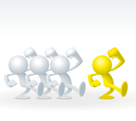 Cute little yellow Sim man act as leader and leading others toward success