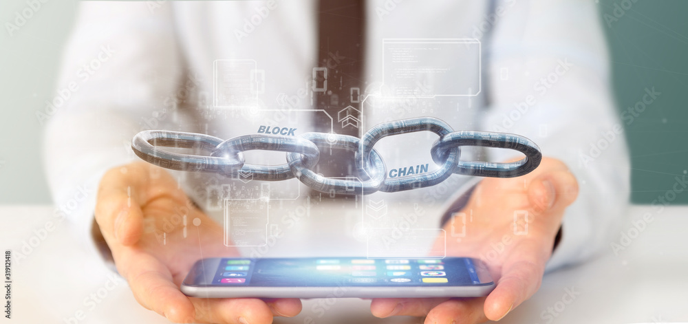 Poster businessman holding a virtual blockcahin with data - 3d rendering