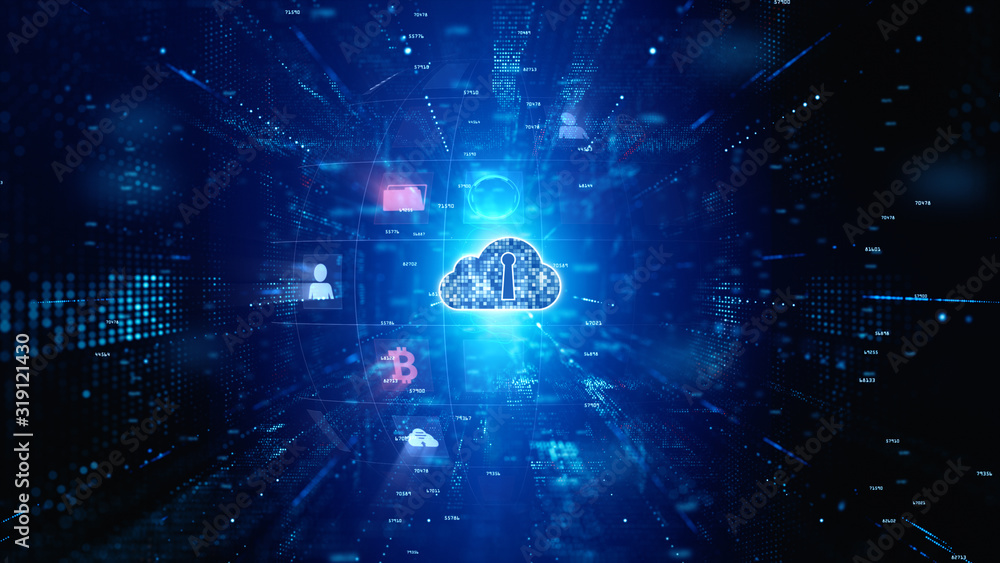 Poster secure digital data network. digital cloud computing cyber security. technology background concept.