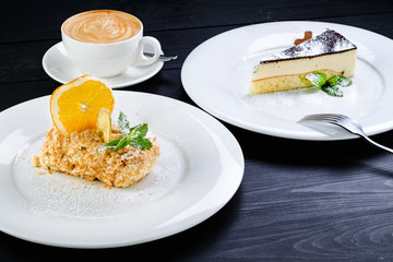 dessert napoleon cake and cappuccino coffee