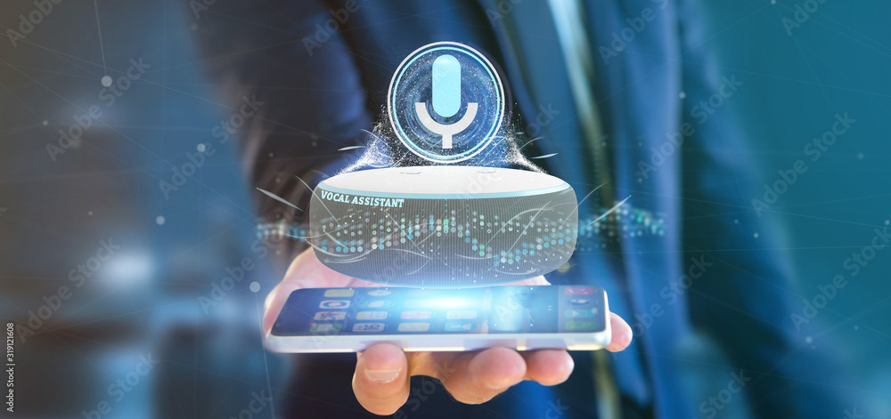 Poster businessman holding a vocal assistant and wave equaliser - 3d rendering