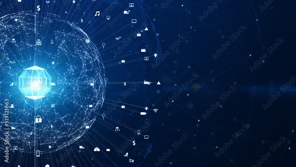 Poster technology network data connection, digital network and cyber security background concept. earth ele