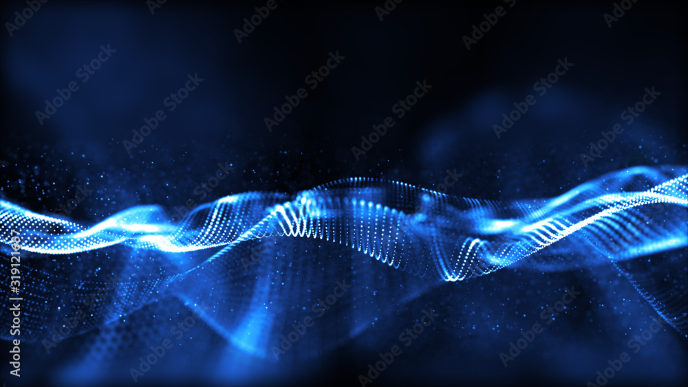 Aufkleber blue digital particles wave flow with bokeh abstract background.