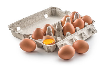Fresh chicken eggs in pater tray with broken egg isolated on white