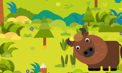 cartoon forest scene with wild animal bison buffalo illustration for children