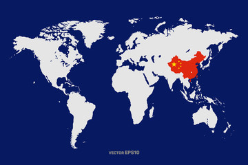 World map with Wuhan city where Coronavirus outbreak spread in China.