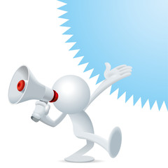 Cute little yellow Sim man walking and presenting with speaker