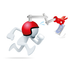Naklejka premium Cute little yellow Sim man self motivation by using mechanism hand holding some money and attach to a helmet
