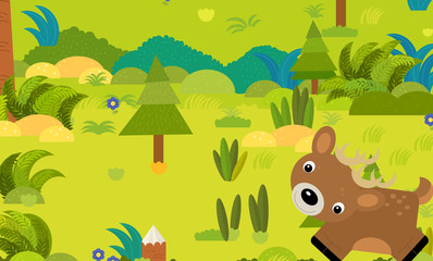Obraz premium cartoon forest scene with wild animal deer illustration for children