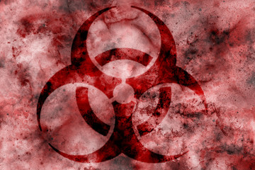 Biohazard symbol on bloody background. Video title screen, podcast or web background, information poster or infographic & more. For infectious diseases caused by bacteria & viruses like coronavirus.