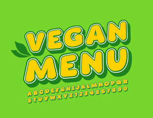 Vector colorful logo Vegan Menu. Bright 3D Alphabet Lettersand Numbers for Creative Marketing design