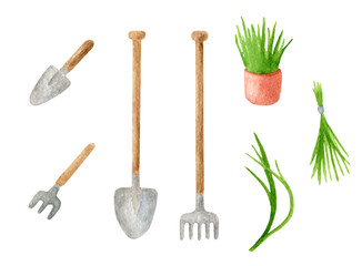 Watercolor gardening tools set. Hand drawn rake, shovel, trowel, bunch of grass, plant in flower pot isolated on white. Spring, summer clipart for cards, decoration.