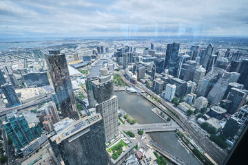 View over Melbourne CBD and skyline from inside viewing platform at skydeck, Melbourne