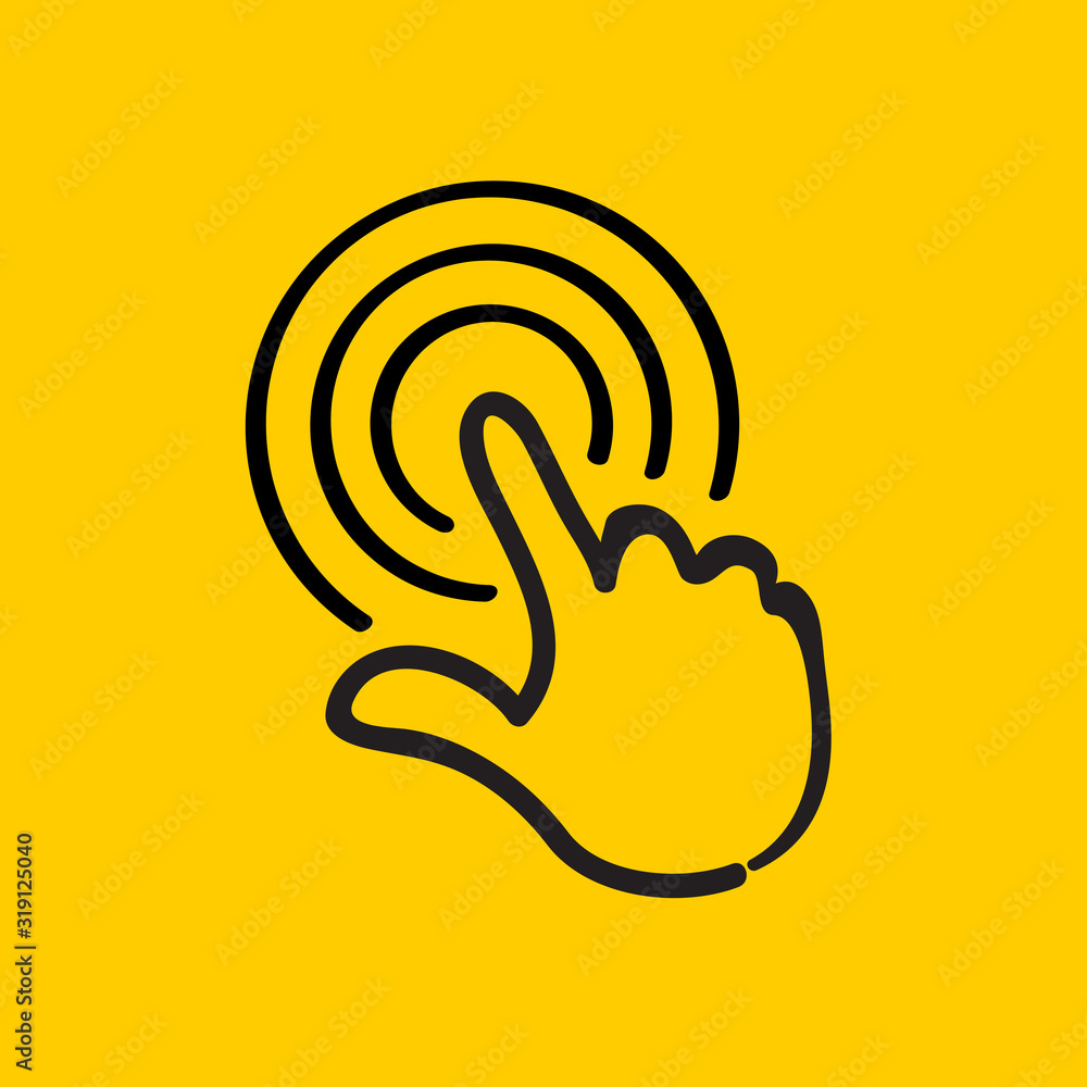 Poster hand pointer or cursor mouse push choosing linear icon symbol isolated on yellow background