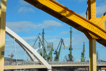 Industrial landscape with green cranes