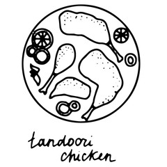 Hand drawn isolated indian food icon. Black outline illustration of indian dish. Tandoori chicken on the plate.
