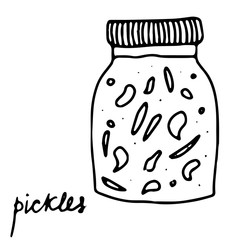 Hand drawn isolated indian food icon. Black outline illustration of indian dish. Pickles  jar.