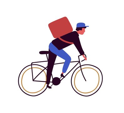 Backpacker cartoon male riding on bicycle vector flat illustration. Delivery man cyclist on bike isolated on white background. Guy character biking with big backpack
