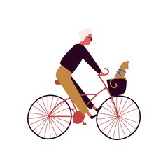 Cartoon stylish male riding on bike with cat sitting in basket vector flat illustration. Trendy man on bicycle with pet animal isolated on white. Active pedaling guy bicyclist