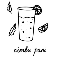 Hand drawn isolated indian food icon. Black outline illustration of indian drink. Lemon mint water in the glass. Nimbu pani.